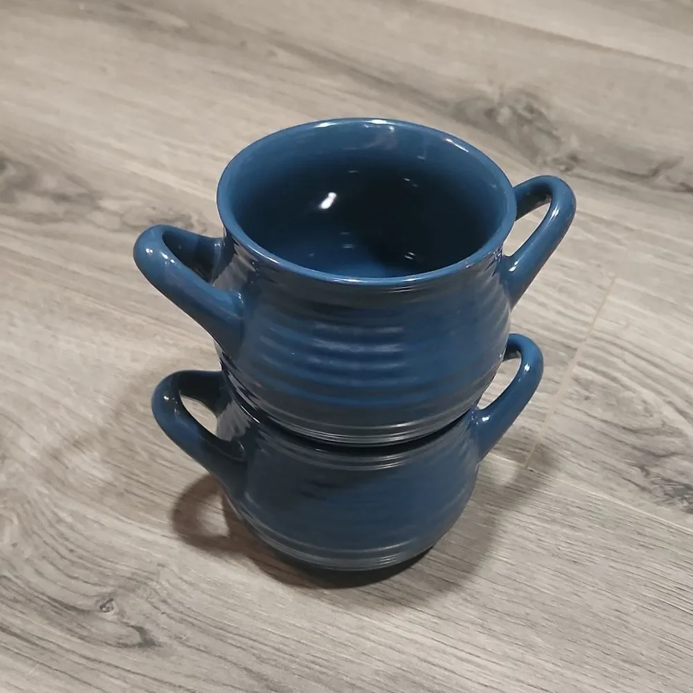 Set Of 2 California Pantry Dk Blue Crock Bowls